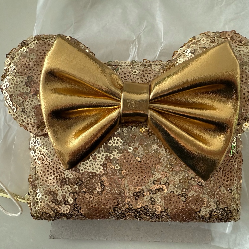 Loungefly Disney Parks Gold Sequin Minnie Bow Wallet with Hidden Mickey